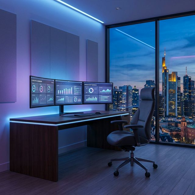 A sleek modern home office with multiple ultrawide monitors showing AI dashboards, ergonomic desk setup, ambient LED lighting, large window with city skyline at dusk, no people, photorealistic